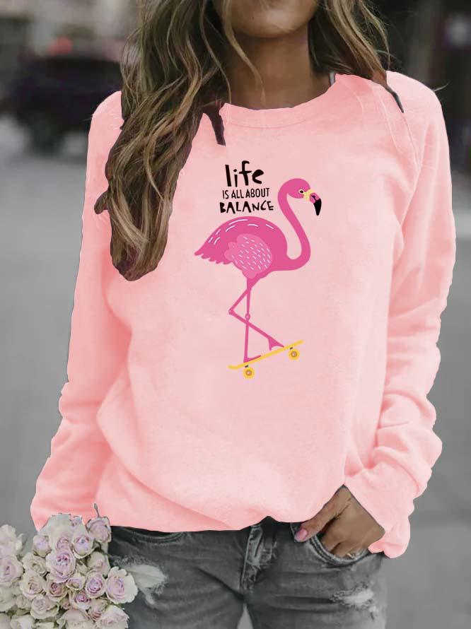 Flamingo Print Round Neck Women's Hoodie