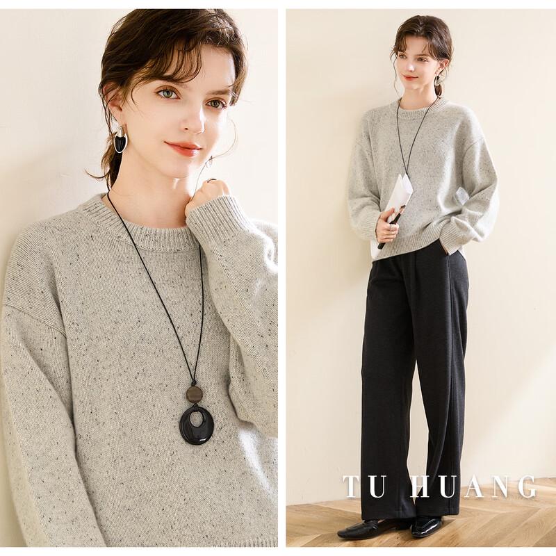 TUHUANG Women's Thick Pure Cashmere Round Neck Sweater