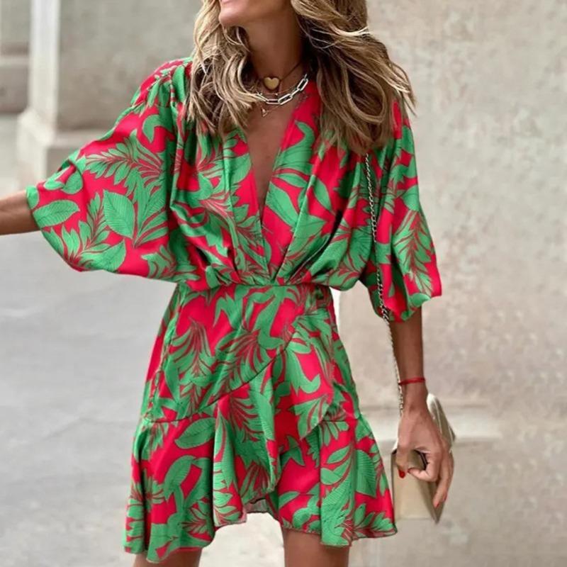 Women's Fashion Summer Spring Solid Color Print 3/4 Sleeves V-Neck High Waist Casual Dresses