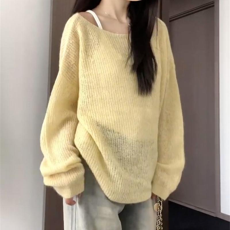 

Тонкий длинный рукав, солнцезащитный ажурный трикотажный свитер, летний женский свитер в ленивом стиле L жёлтый