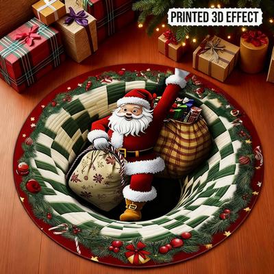 Vánoční 3D koberec Santa Claus/Skřítek/Pes Prošívaný Kulatý Vír Koberec Protiskluzová Optická Iluze Rohožka se Vzorem Hloubky pro Vstupní Prostor Dekor Obývacího Pokoje