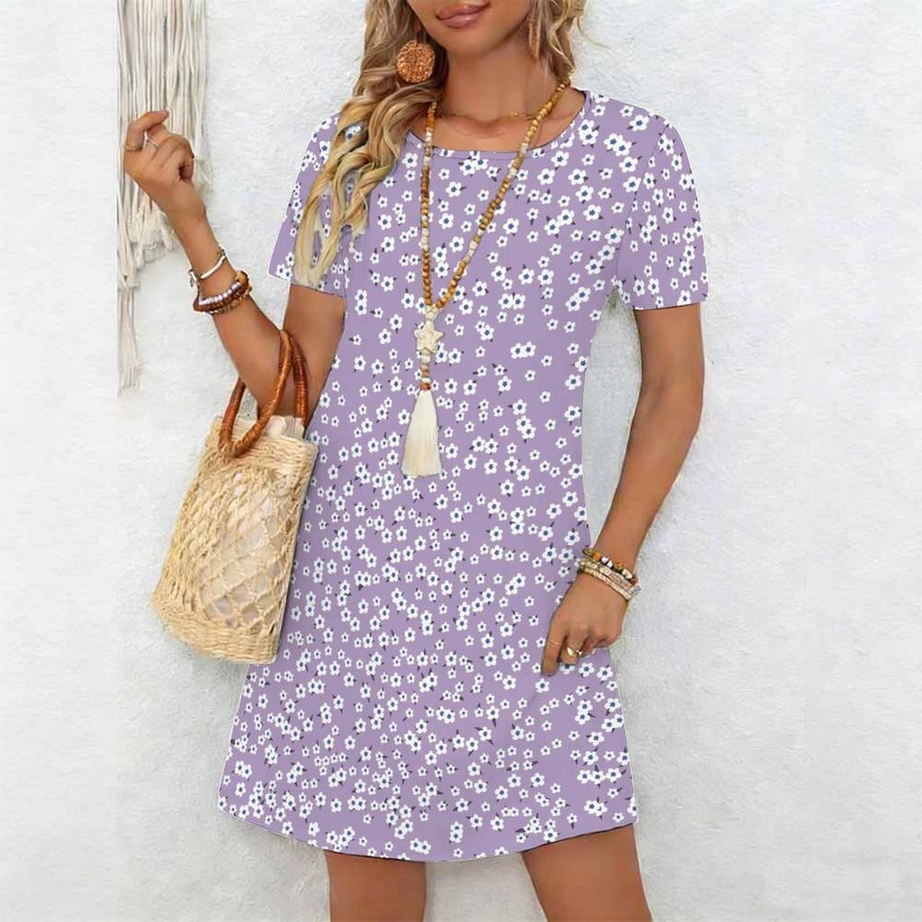 Women's Fashion Graceful Beautiful Flowers and Grass Print Summer Spring Short Sleeve O-Neck Casual Dresses