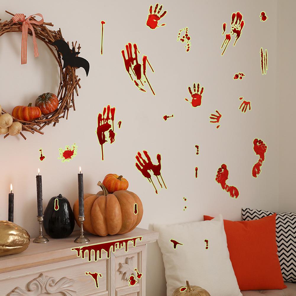 Halloween Luminous Blood Handprints Footprints Wall Sticker Background Holiday For Home Decor Accessory