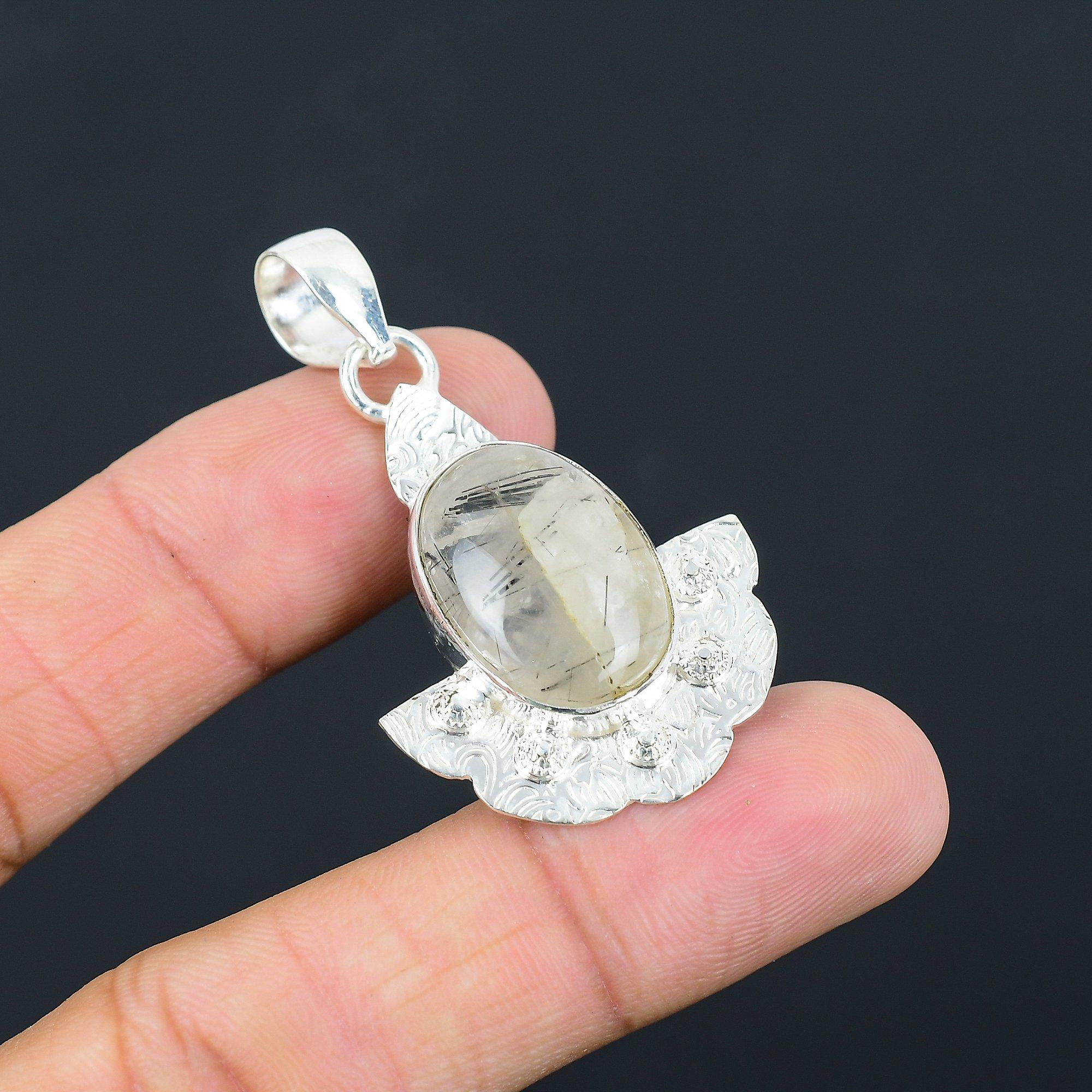 925 Silver Oval Natural Black Rutile Anniversary Wedding Wife Engagement Pendant