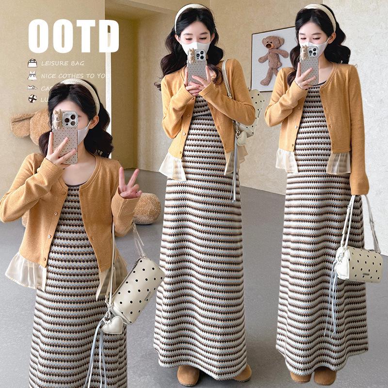 Korean Style 2026 Patchwork Knit Cardigan & Striped Camisole Dress Set 2XL