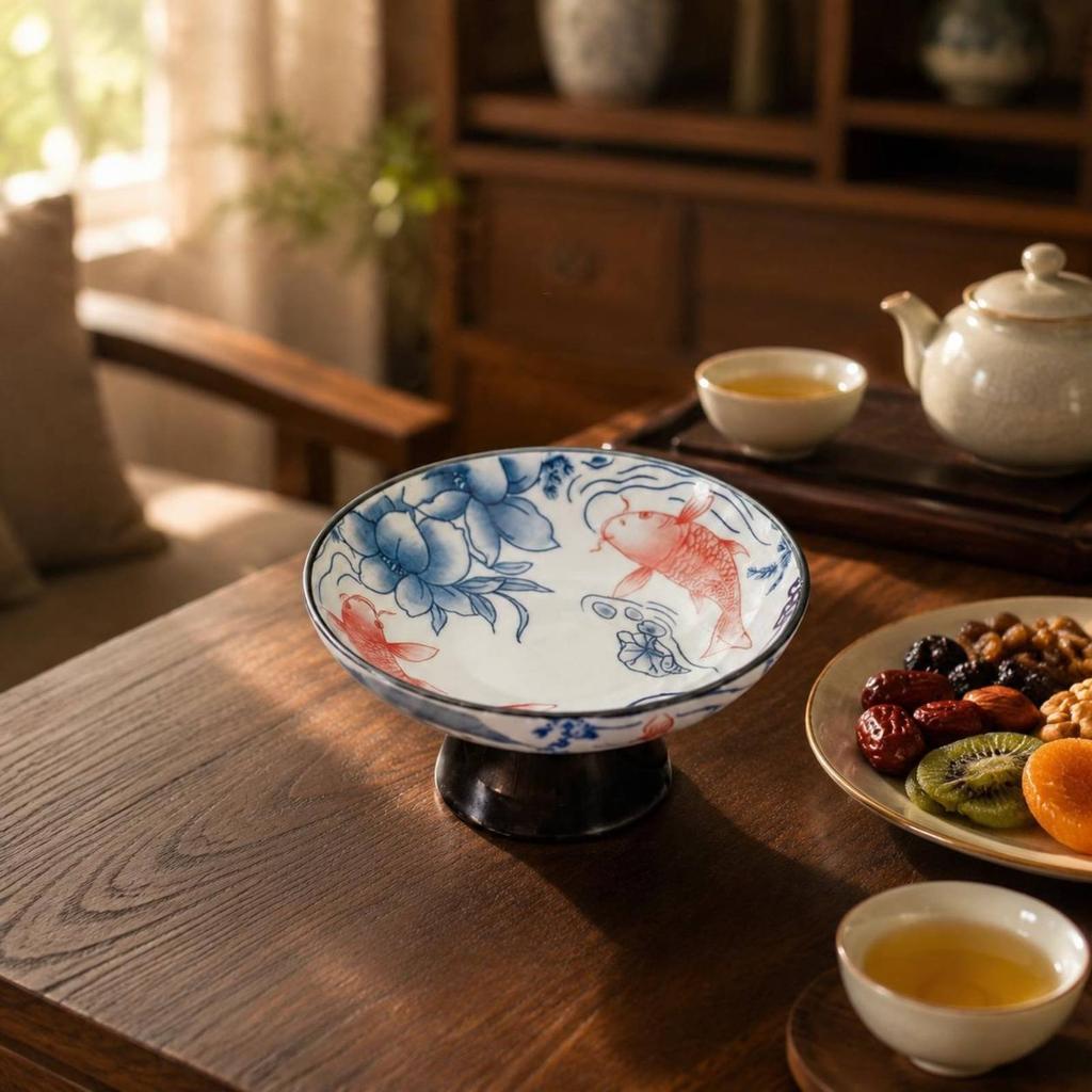 Blue and White Pedestal Bowl Decorative Porcelain Fruit Bowl Porcelain Tea Snack Plate Easy To Clean Pedestal Dessert Plate