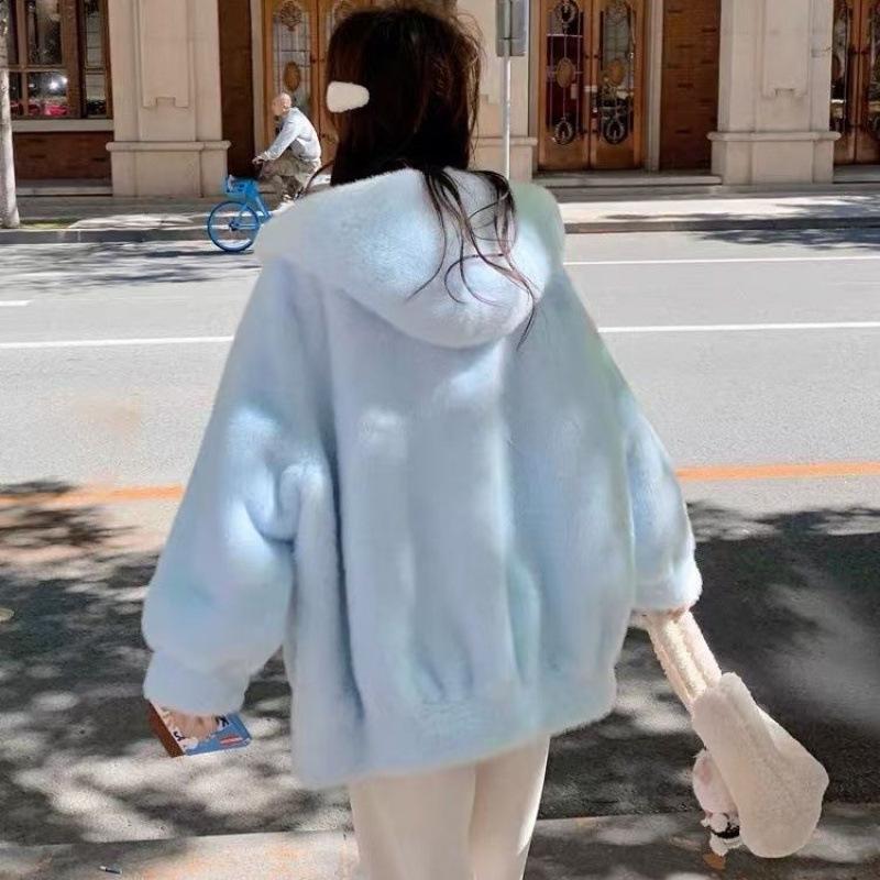 Pink hooded lamb fur integrated cotton clothing women's winter clothing small man thickened imitation mink fur jacket