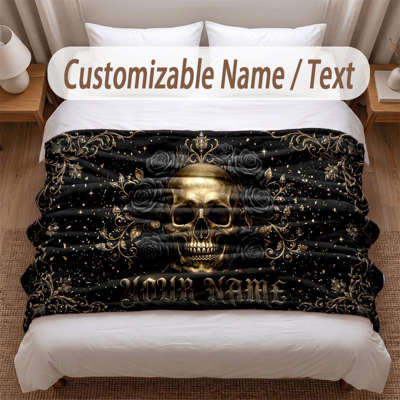 Skull Gothic Theme Soft Blanket Personalized Custom Name Text Print Warm Blanket Home Sofa Bedroom Decor