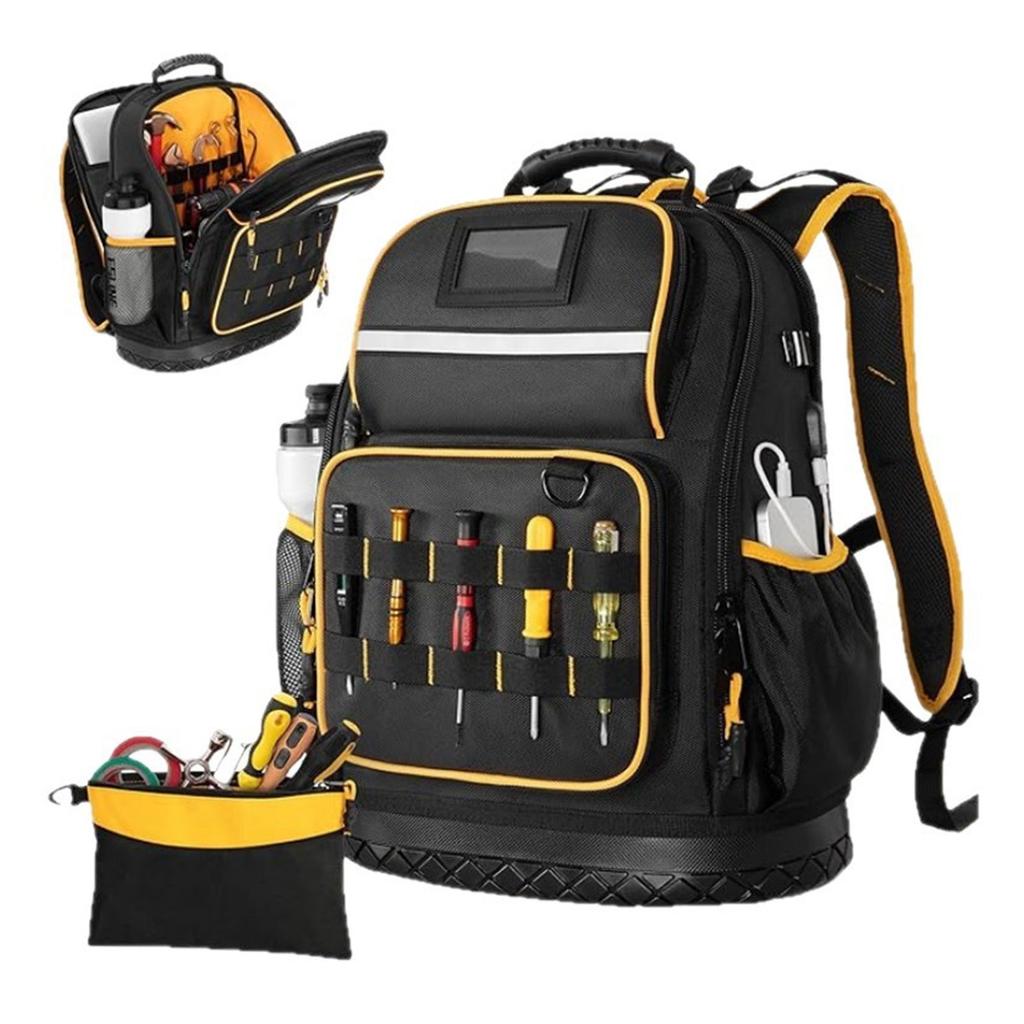 Werkzeugrucksack Mehrere Taschen Gepolstertes Laptopfach Oxford-Gewebe Harter Boden Werkzeugtasche mit Beutel Typ-C-Kabel