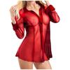 New Mesh Shirt Women Sexy Bodydoll Lingerie Long Sleeve Pajamas Red Tops S-3XL
