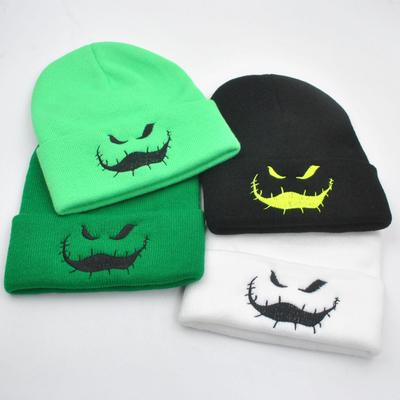 Oogie Boogie Ghost Face Knit Beanie, Halloween Green Hat for Autumn/Winter