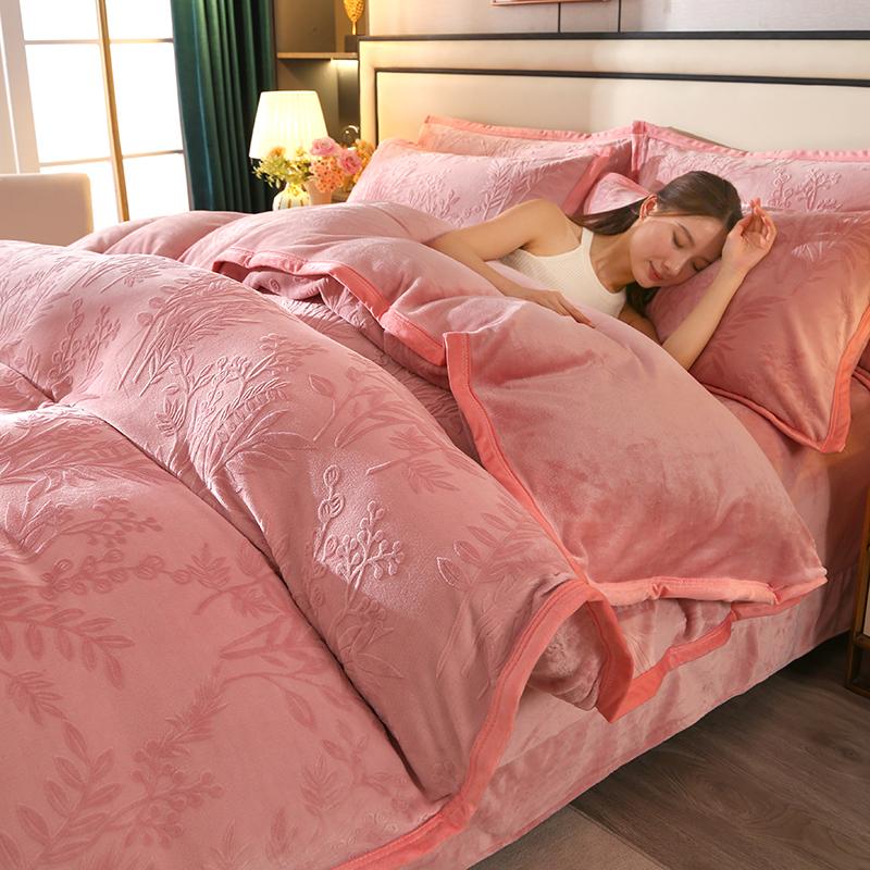 Light luxury high gram weight carved fleece milk fleece bed sheet four-piece set thickened warm bedding winter
