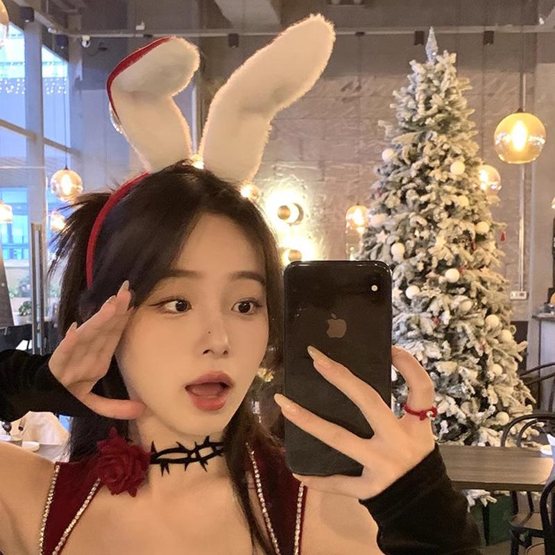 Red Flocked Rabbit Ears Christmas Headband – Festive Niche Hair Accessory