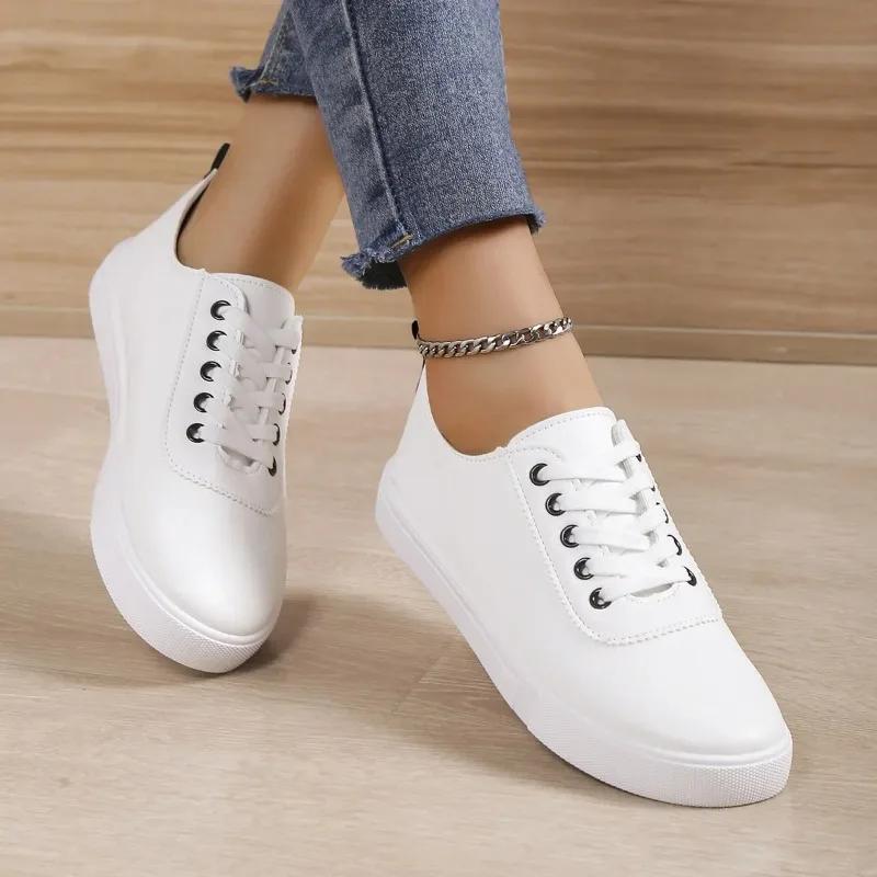 Off White Shoes Sneakers Women Lace-up Shallow White Leather Shoes Versatile Soft Sole Running Walking Zapatos Student Campus