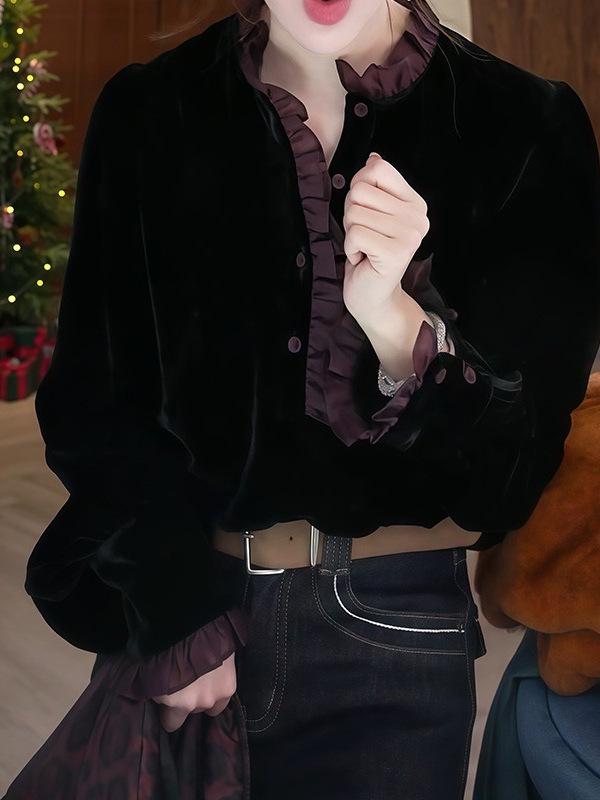 2026 Autumn/Winter Chic Velvet Patchwork Lace Luxury Shirt