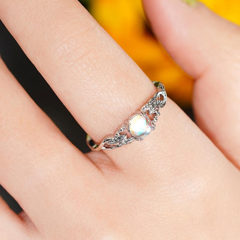 Huitan Round Moonstone Silver Color Ring for Female Graceful Engagement Women Wedding Bands Aesthetic Finger Accessories