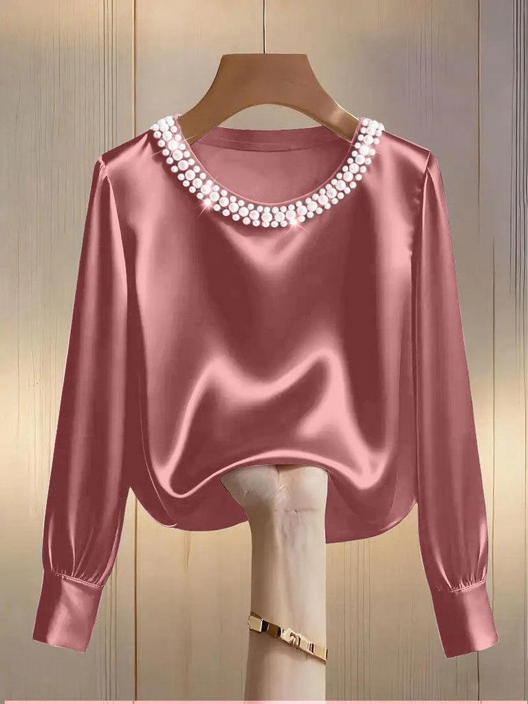 2026 French High-End Pearl Round Neck Satin Top for Women - Spring/Summer Collection