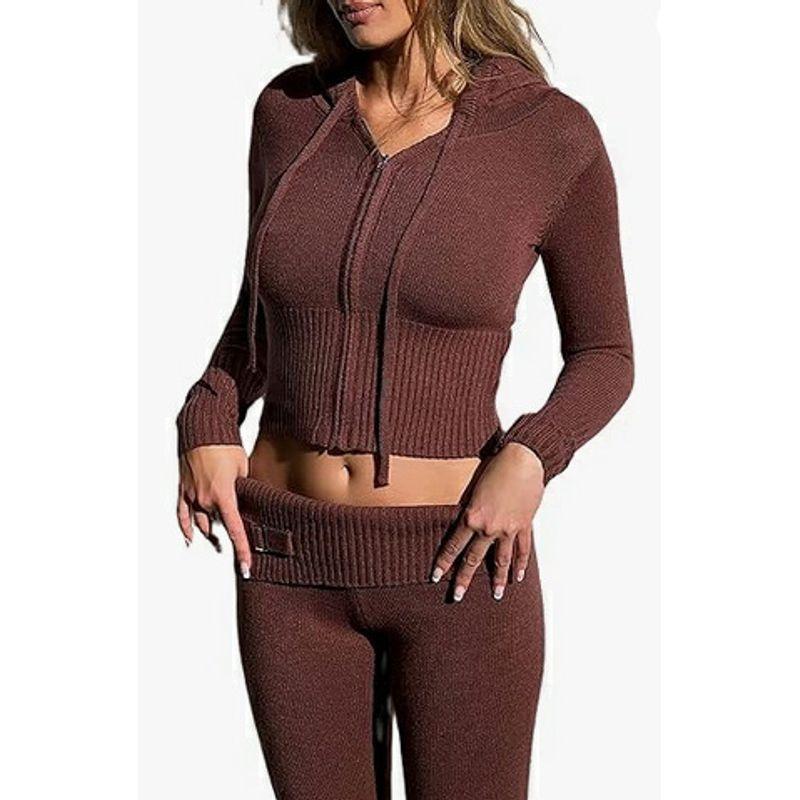 European and American New Knitted Hood Set Women Clothes Fashion Sexy High Waist Long Sleeve Trousers Two-piece Set
