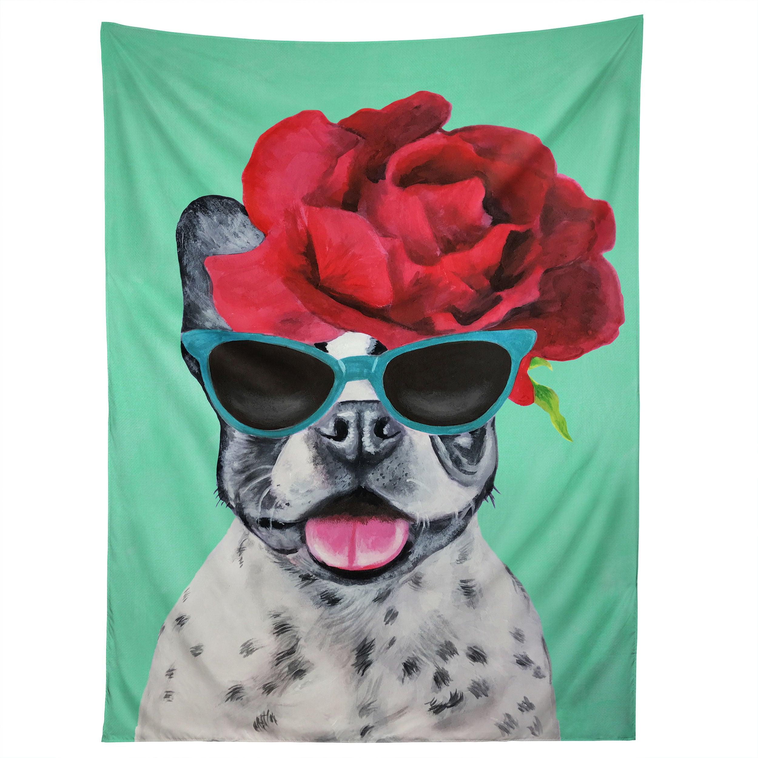 FLOWER POWER FRENCH BULLDOG TURQUOISE tapestry 75x100