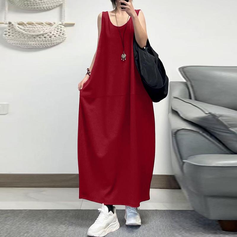 ZANZEA Women Casual Round Neck Sleeveless Loose Long Dress with Pockets