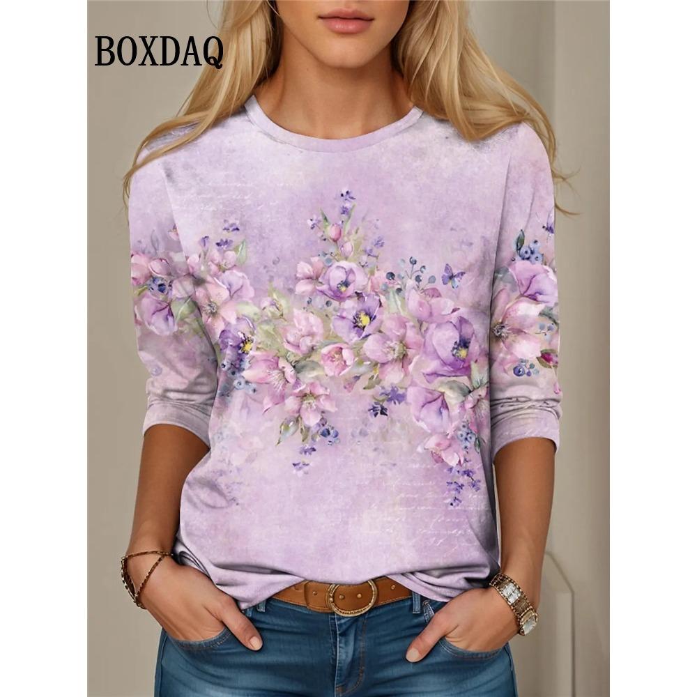 Tie Dye Rose Flower Print T Shirt Spring Women Long Sleeve Shirts Casual O-Neck Loose Plus Size Tops Fashion Clothes
