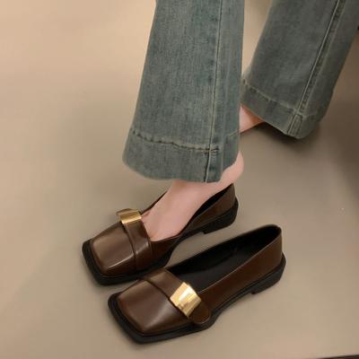 Retro British Style Metal Buckle Single Shoes 2024 New Square Head Soft Sole Comfortable Loafers Women's Pedal Small Leather Shoes