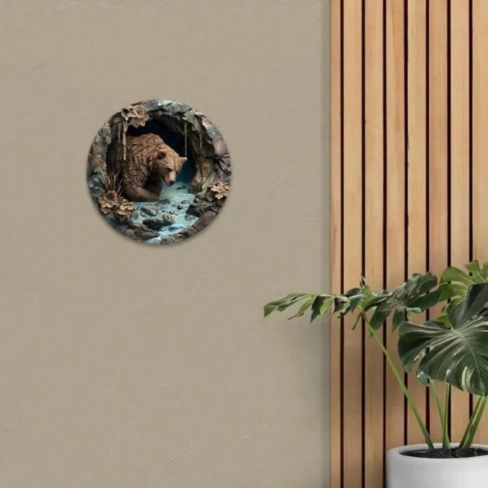Brown Bear Cave Art Round Metal Sign Durable Wall Decor Indoor Outdoor Hanging