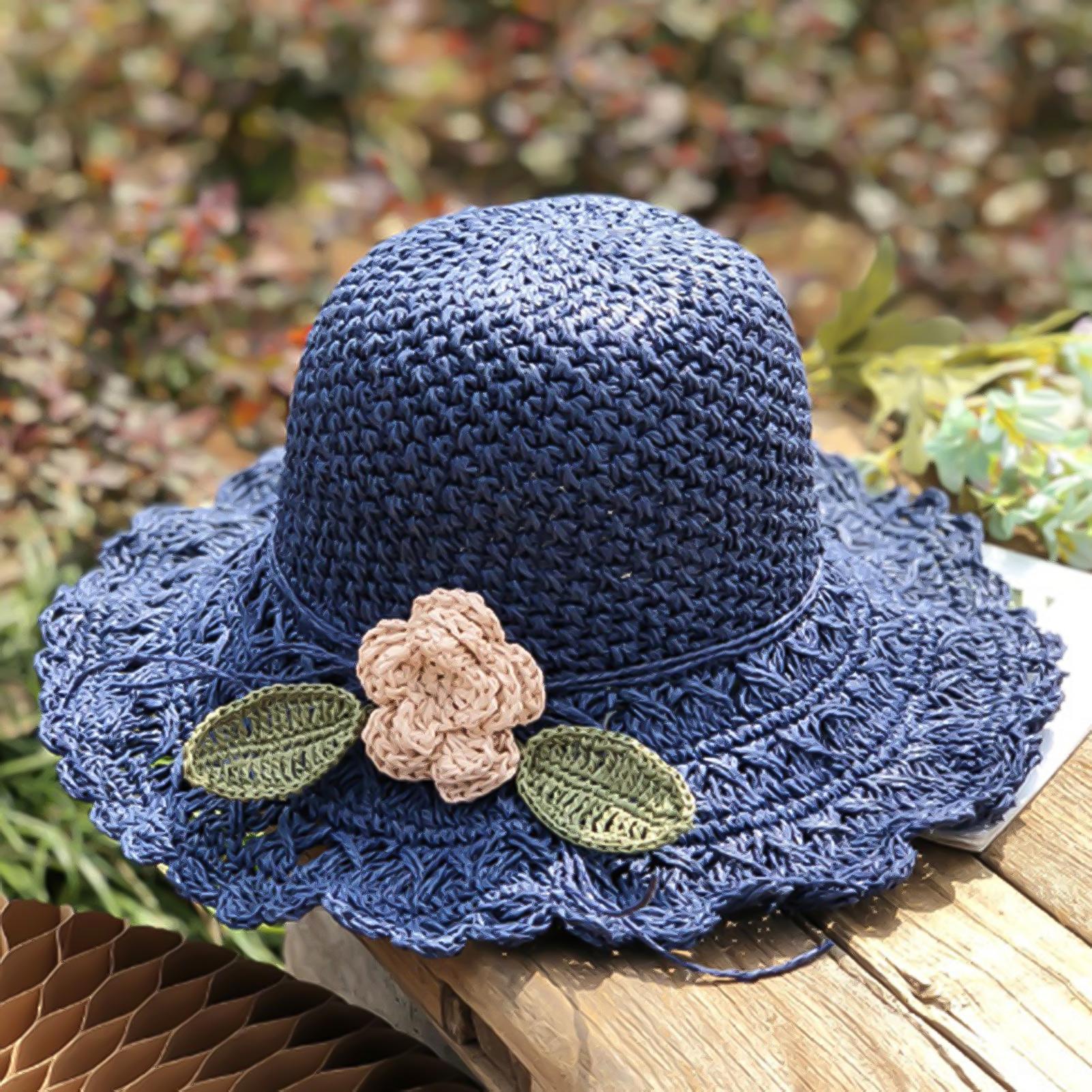 

Women s Summer Sun Hat Wide Brim Elegant Crochet Straw Hat Fresh Holiday Seaside Beach Hat for Outdoor Sports Hiking Travel темно-синього кольору