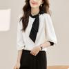 Spring and Autumn Bow Tie Round Neck Shirt Women Fashion New Long Sleeve Casual White Blouses Women Tops Elegant Solid Simple Office Lady Shirts 25855
