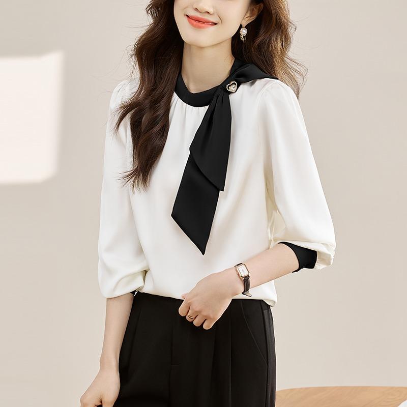 Spring and Autumn Bow Tie Round Neck Shirt Women Fashion New Long Sleeve Casual White Blouses Women Tops Elegant Solid Simple Office Lady Shirts 25855