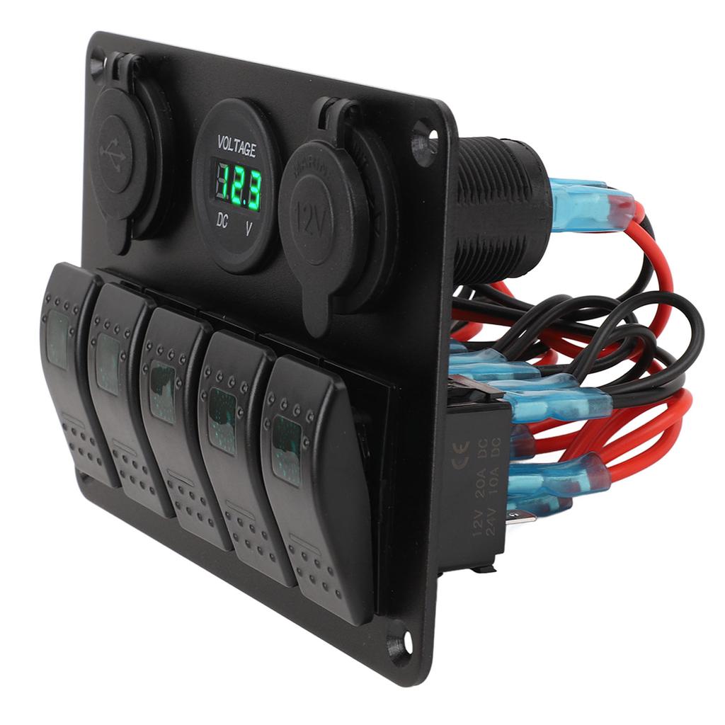Switch Panel DC 12 to 24V 5 Gang Aluminum Alloy IP65 Water Resistant Prewired Rocker Switch Panel with Dual USB Cigar