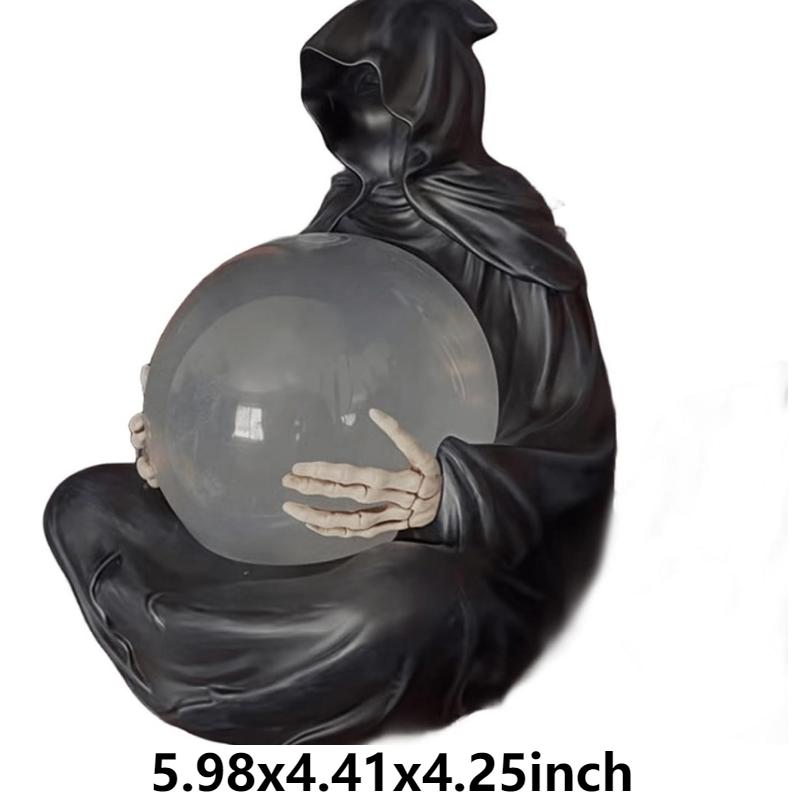 The Death God's Crystal Ball Sculpture Gothic Black Robe Death God Ornaments Resin Statue Crafts Halloween Home Decor