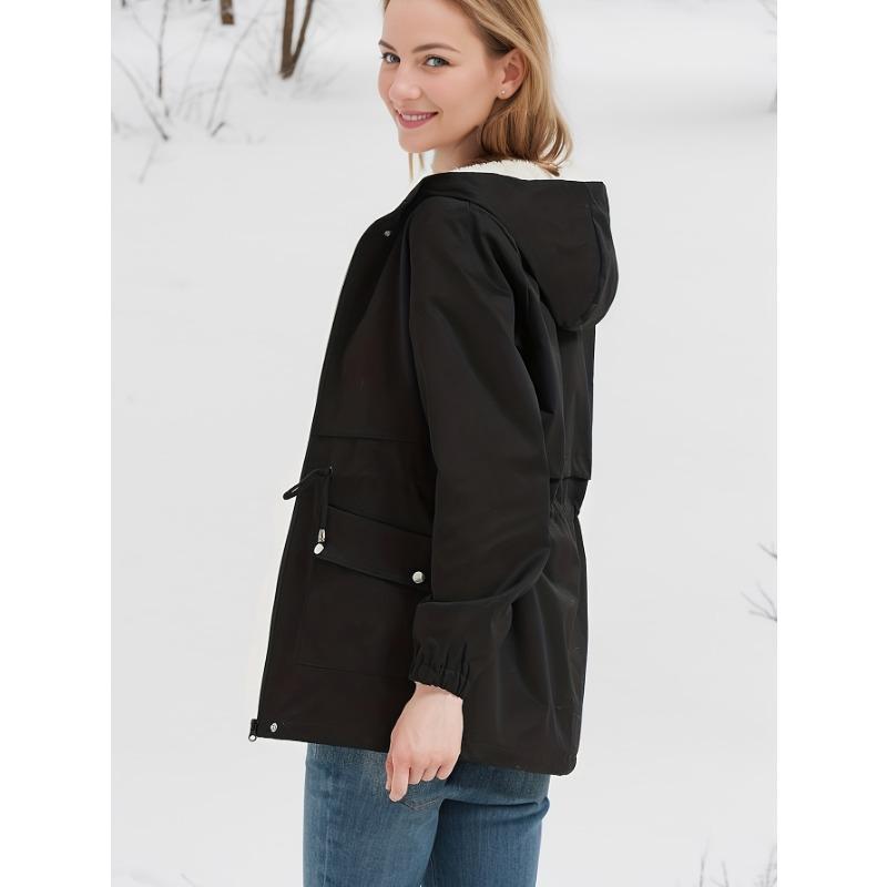 Dámská podzimní zimní středně dlouhá plyšová bunda s kapucí a stahovací šňůrkou v pase, jednobarevný kabát