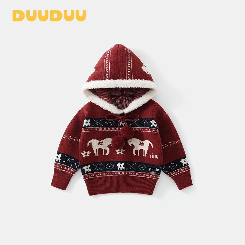 DUUDUU Новый 2025 год Детский вязаный кардиган - Толстый зимний красный свитер для детей 100 cm красный