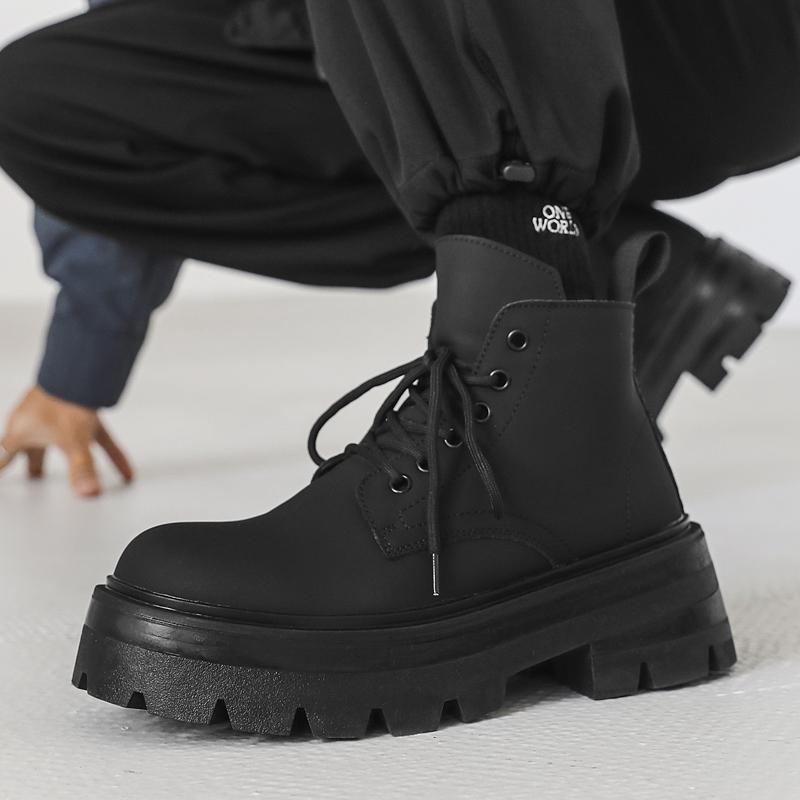 Hight Quality Classic British Street Style Leather Boots For Men Solid Black Hombre Daily Casual Dress Height Increasing Shoes