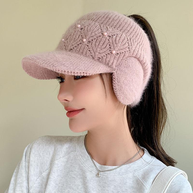 Casquette Bec de Canard pour Femmes Version Coréenne Hiver Casquette de Baseball à Calotte Ouverte pour Chaleur et Protection des Oreilles