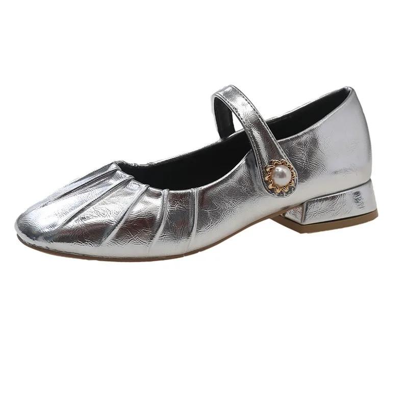 Mary Jane Shoes Glossy Leather Ballet Flats  Fashion Pleated Low Heel Single Shoes for Women Soft Sole Casual Shoes Size 44