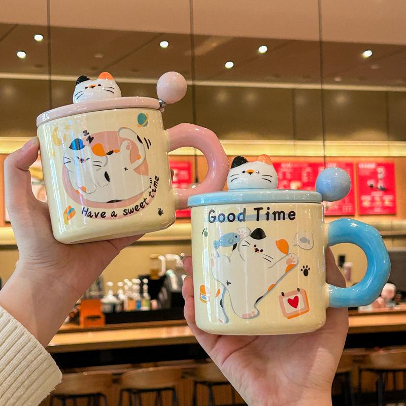Cartoon Cat Mug with Lid Birthday Gift Couple Cup Girl High-looking Ceramic Coffee Cup