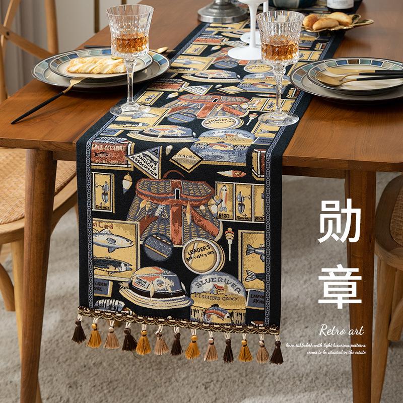 Jacquard Table Runner Vintage Table Table Cover Pastoral Style with Long Strip Fabric Tassel Tablecloth Home TV Cabinet Decor