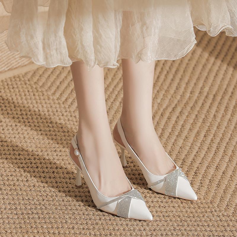 BYZ Backless Pointed Toe Stiletto Microfiber Rhinestone Buckle Heels - Versatile Commuter Work Shoes for Women