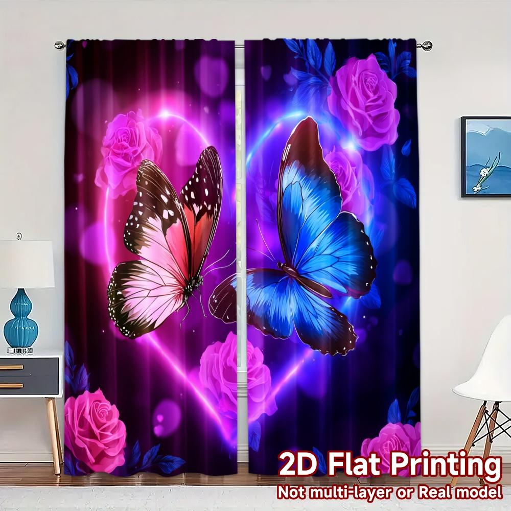 

2D Flat Printing JIT 2pcs Curtains (Without Rod) Butterfly Glow Chic Curtains 100% Polyester Curtains Festive Use for Bedroom 100*130 Rod Pocket 1pcs