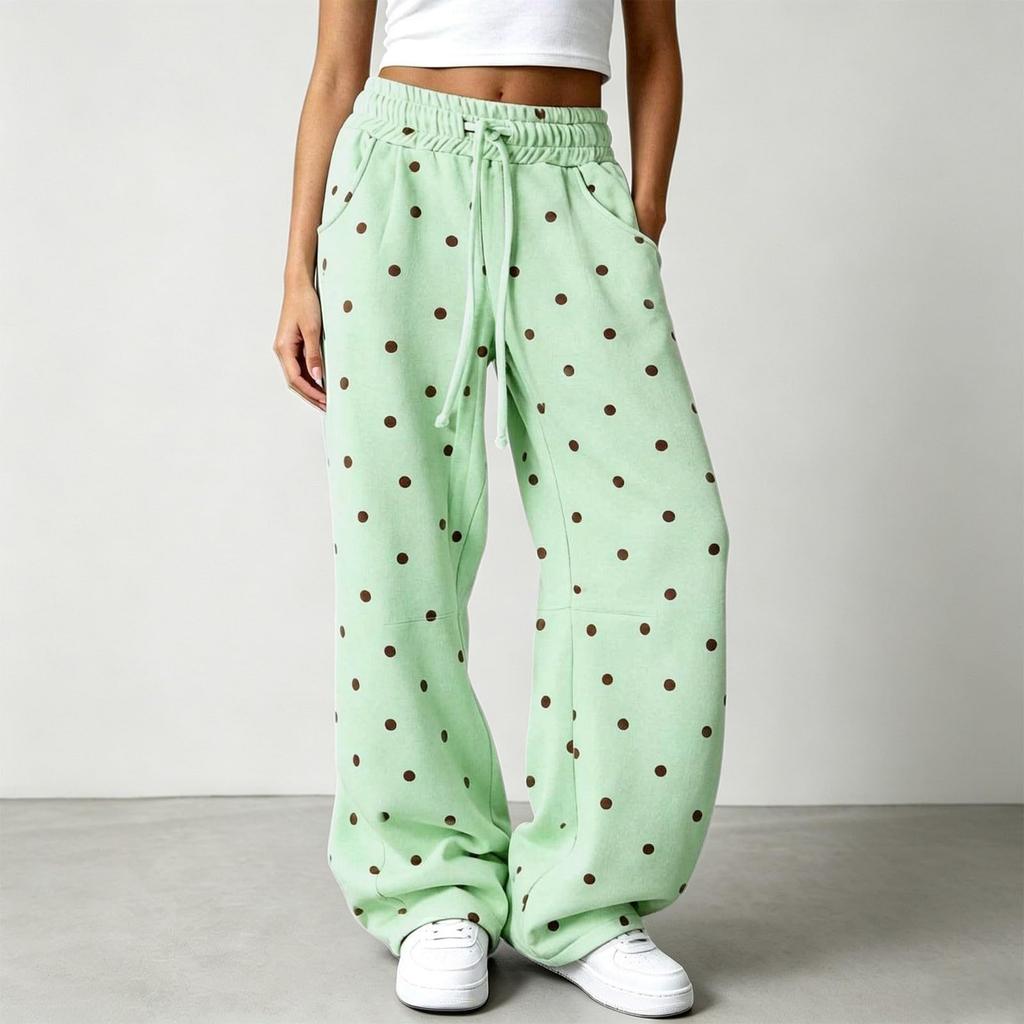 Women's Retro Polka Dot Wide Leg Pants with Elastic Waist, Flowy Casual Trousers for Everyday Wear