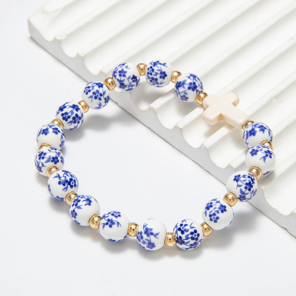 Chinese-style Vintage Elegant Floral Porcelain Bead Bracelet Letter and Cross Bead Bracelet