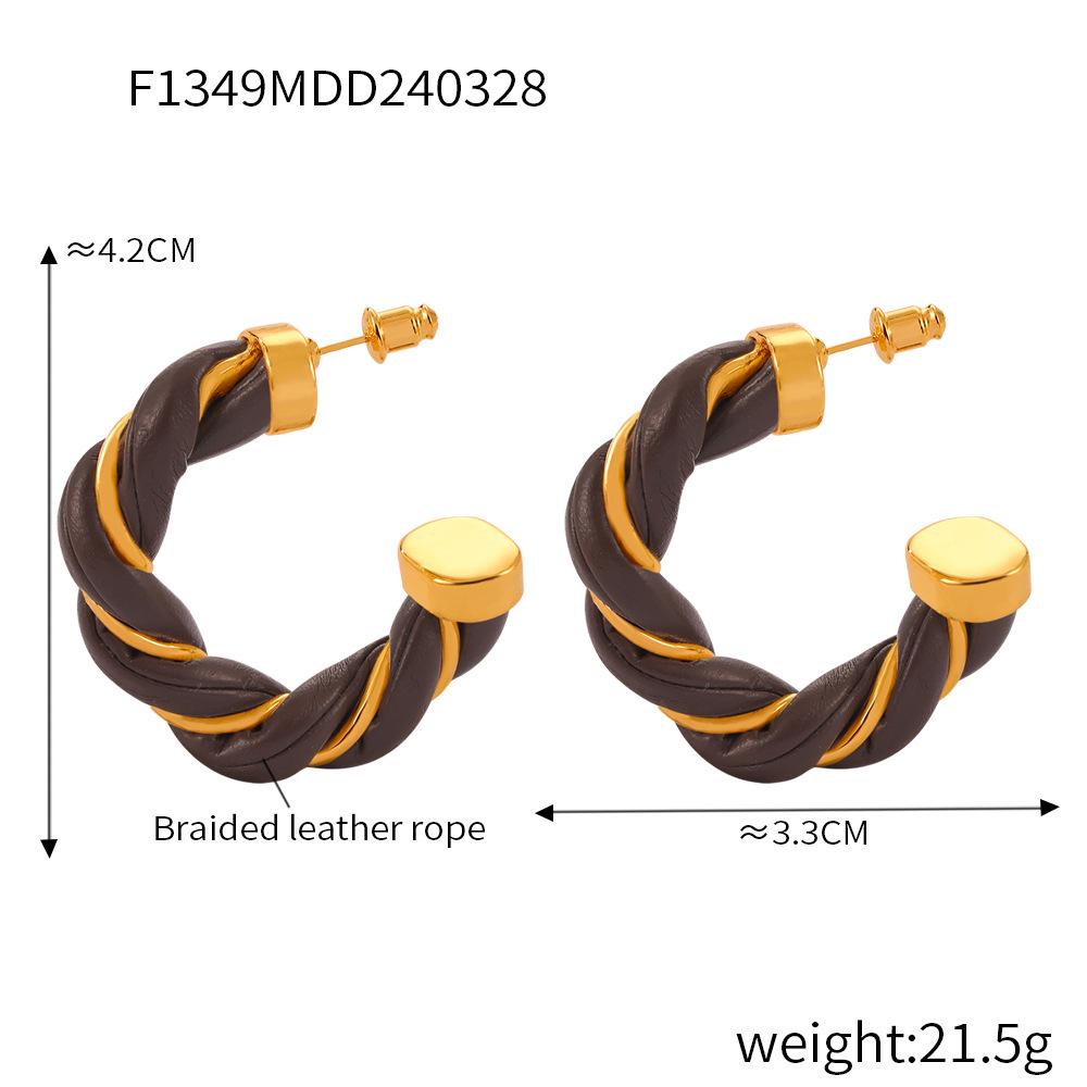 Retro Cable Knit Leather Earrings: French Chic C-Shaped Gold-Plated Copper Hoops