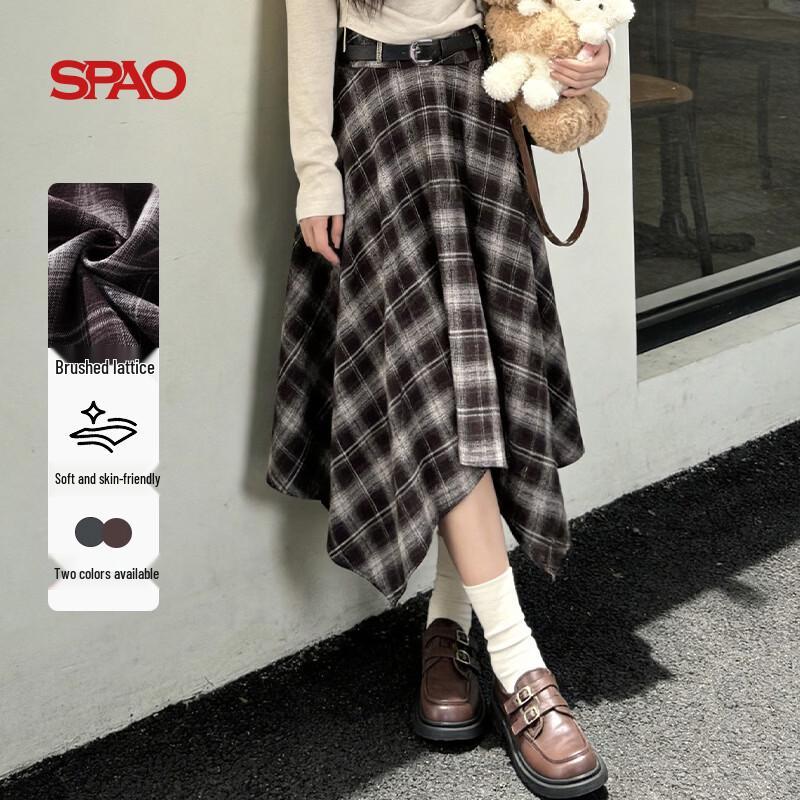 SPAO Korean Style High-Waisted Plaid A-Line Midi Skirt
