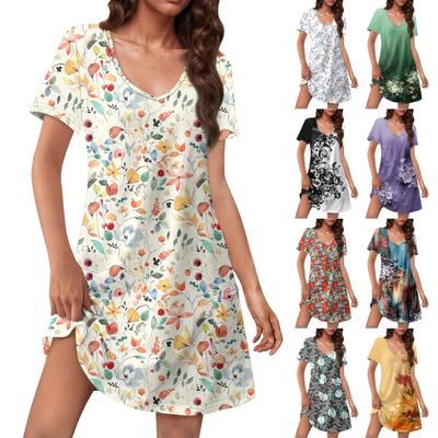 Women's Casual Sundress With Pockets Summer Boho Beach Dress Floral Blouses For Women T-Shirts Dress V Neck Loose  Dresses