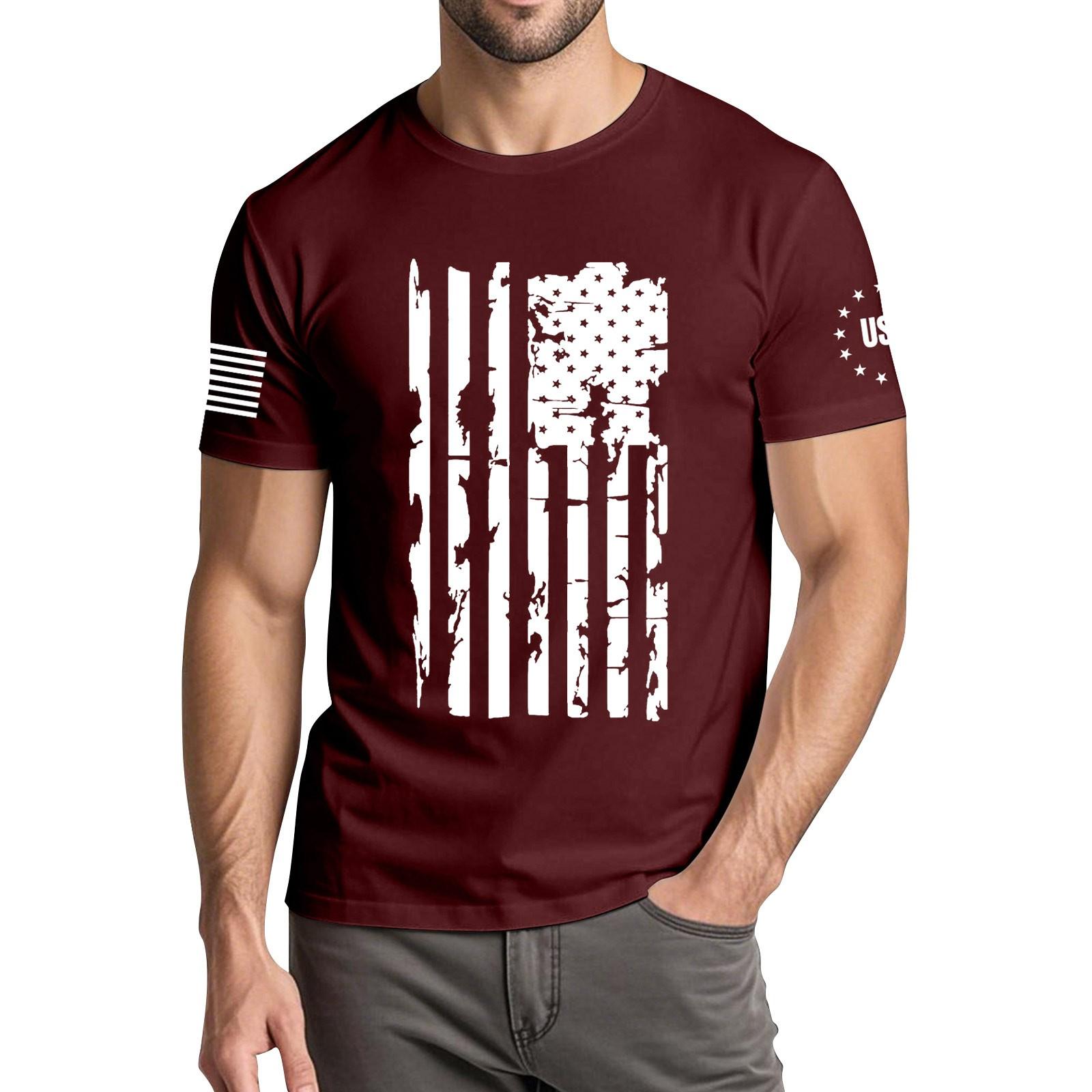 

Чоловіча модна повсякденна футболка з круглим вирізом та коротким рукавом з принтом до Дня Незалежності M винний