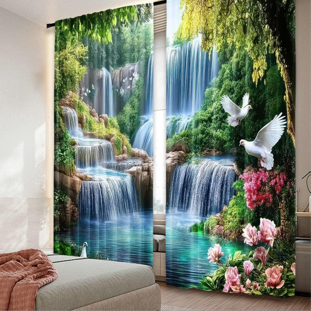 

Set Of 2 Flat Printing Fashionable Christmas Curtains Serenecascade Digital Printed Polyester Drapes Festive Curtain Made W100*H70(CM)-Grommet top&1PCS