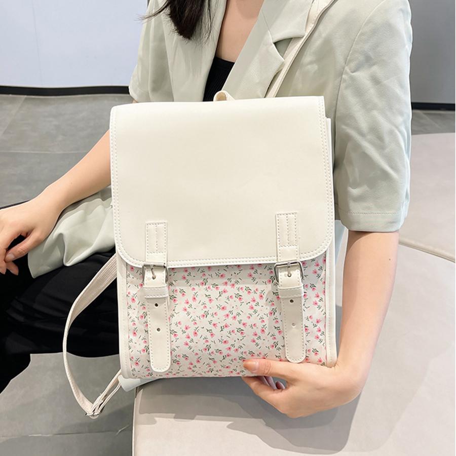 Fashi Flap Backpack PU Leather Flower School Bagpack College Travel Commuter Bag Shoulder Bag for Women Girl Daily Use Satchel