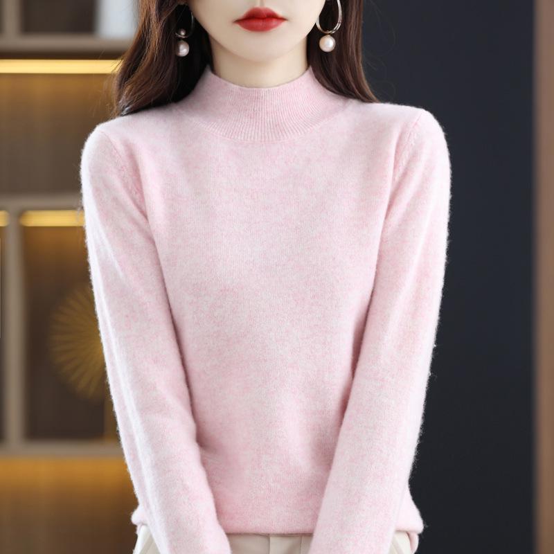 Women's Cashmere Knit Sweater - 2023 Autumn/Winter, Half-High Neck, Slimming Fit, Solid Color Pullover